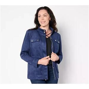 Isaac Mizrahi Live! Estate Faux Suede Zip Front Jacket Dark Navy 1X A664236